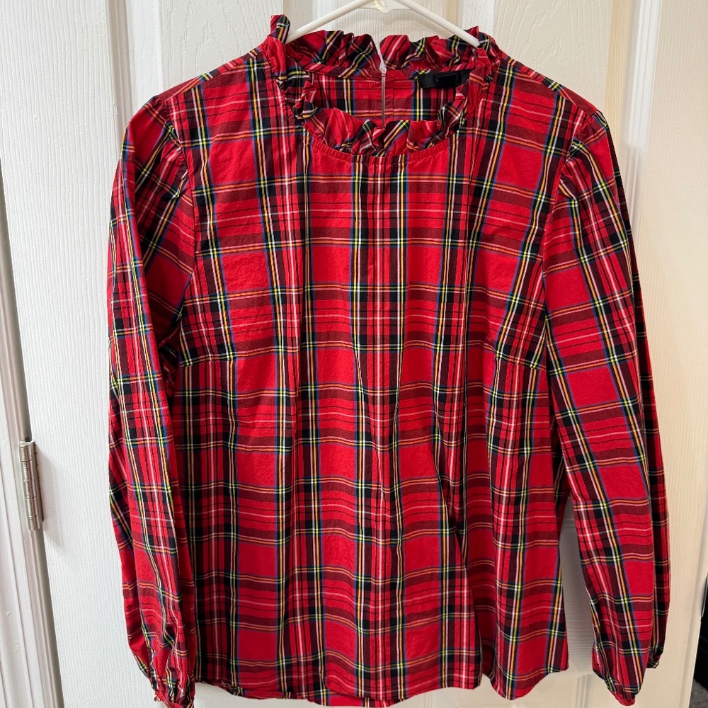 J.Crew Factory Red Tartan Plaid Ruffle-Neck Blouse – XL